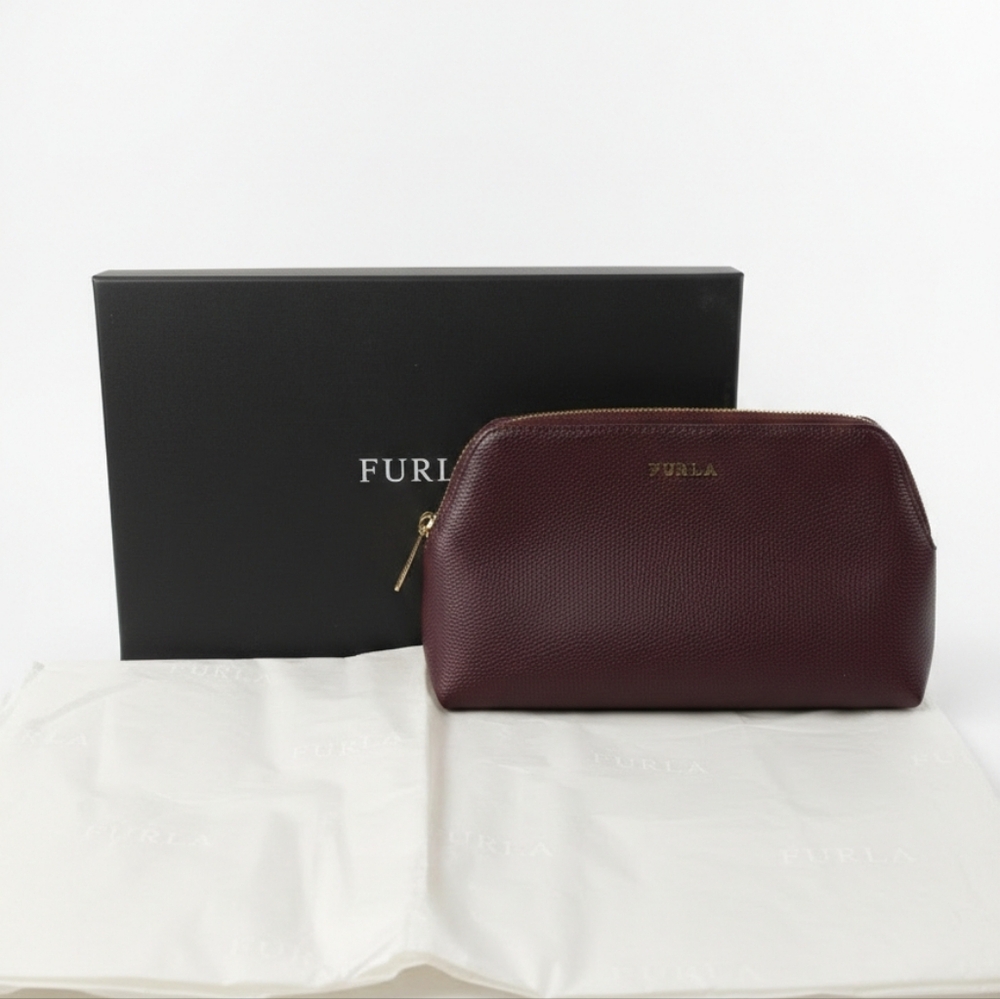 Furla Burgundy Pebbled Leather Clutch Pouch With Gold Hardware EUC